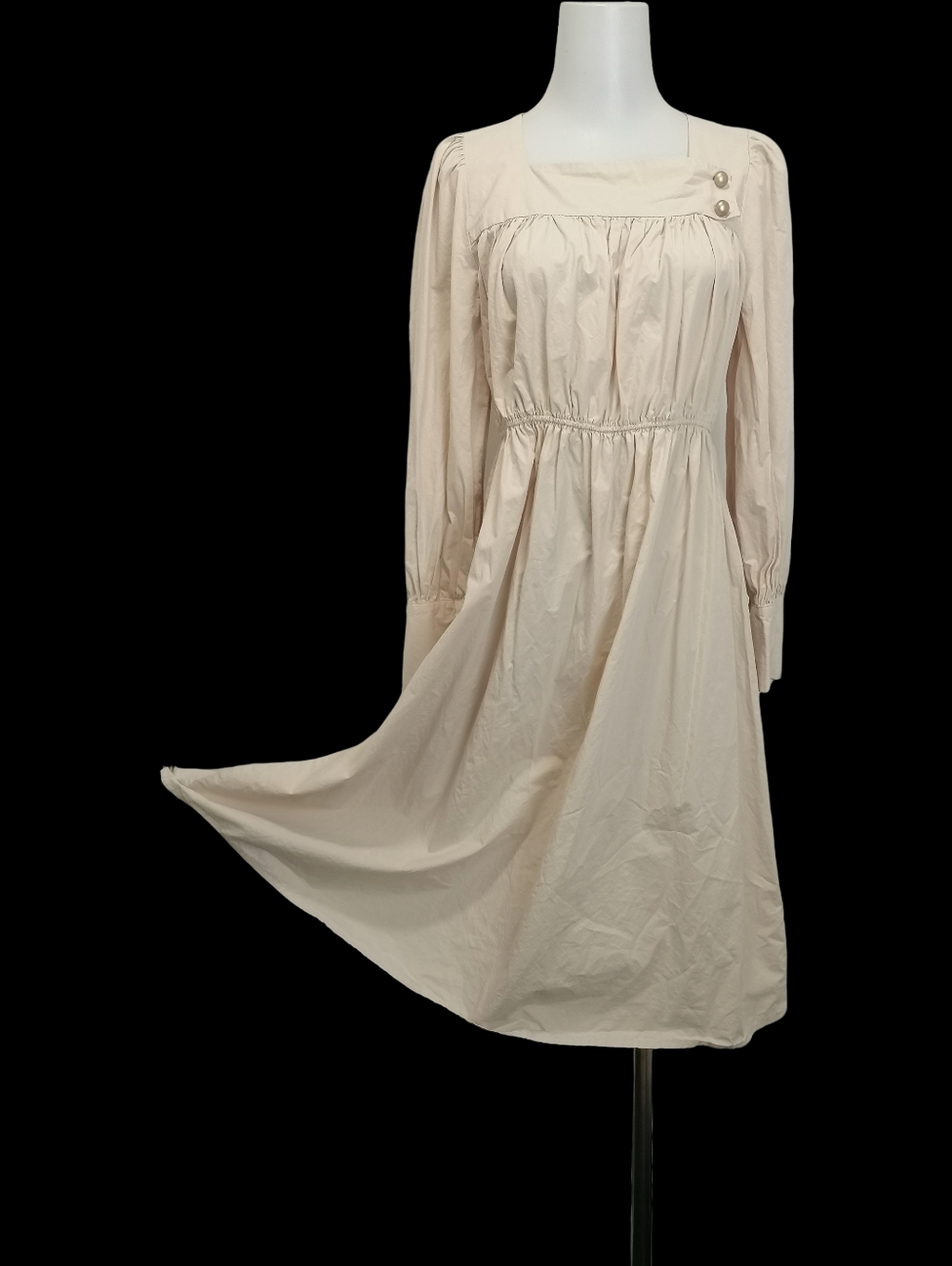🦊🦊🦊Women's Cream Cotton 100% Long-Sleeve Square-Neck Dress